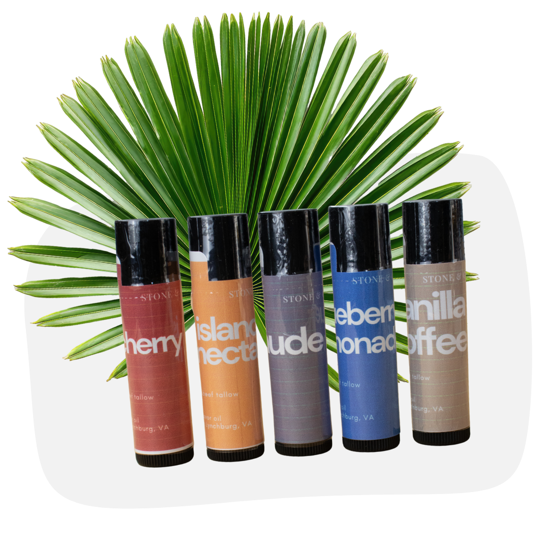 Five lip balm tubes with different flavors in front of a palm leaf.